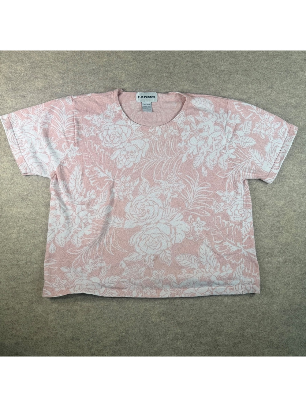 C.D. Petites Pink and White Floral Patterned Short Sleeve Sweater Top